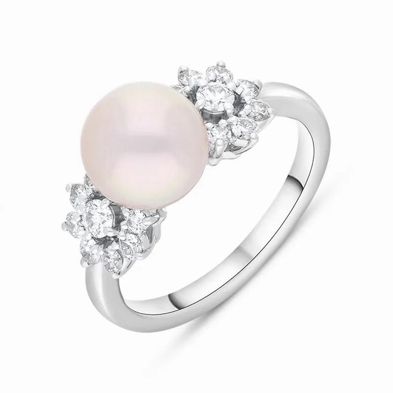 Mikimoto 18ct White Gold Diamond 8.5mm White Akoya Pearl Ring