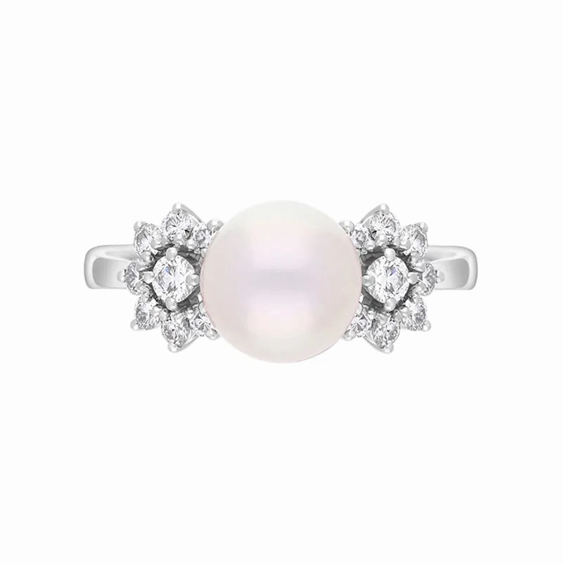Mikimoto 18ct White Gold Diamond 8.5mm White Akoya Pearl Ring