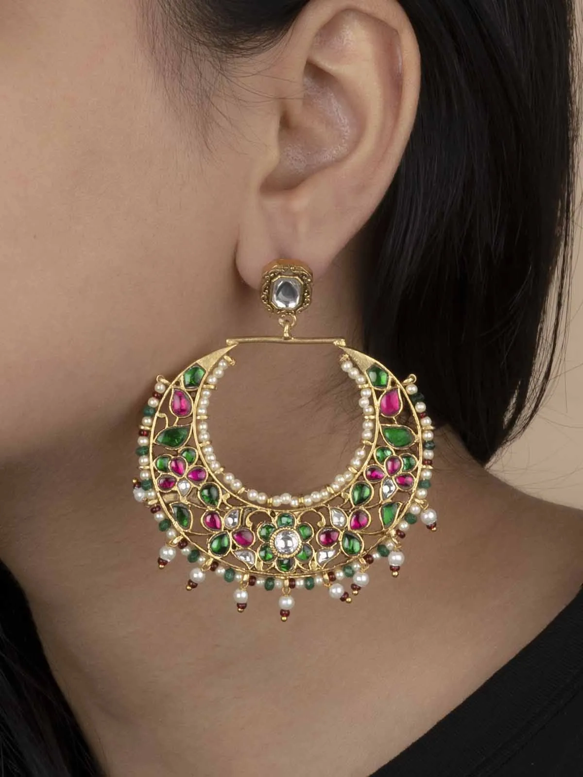 Multicolor Gold Plated Jadau Kundan Earrings - ME1155M