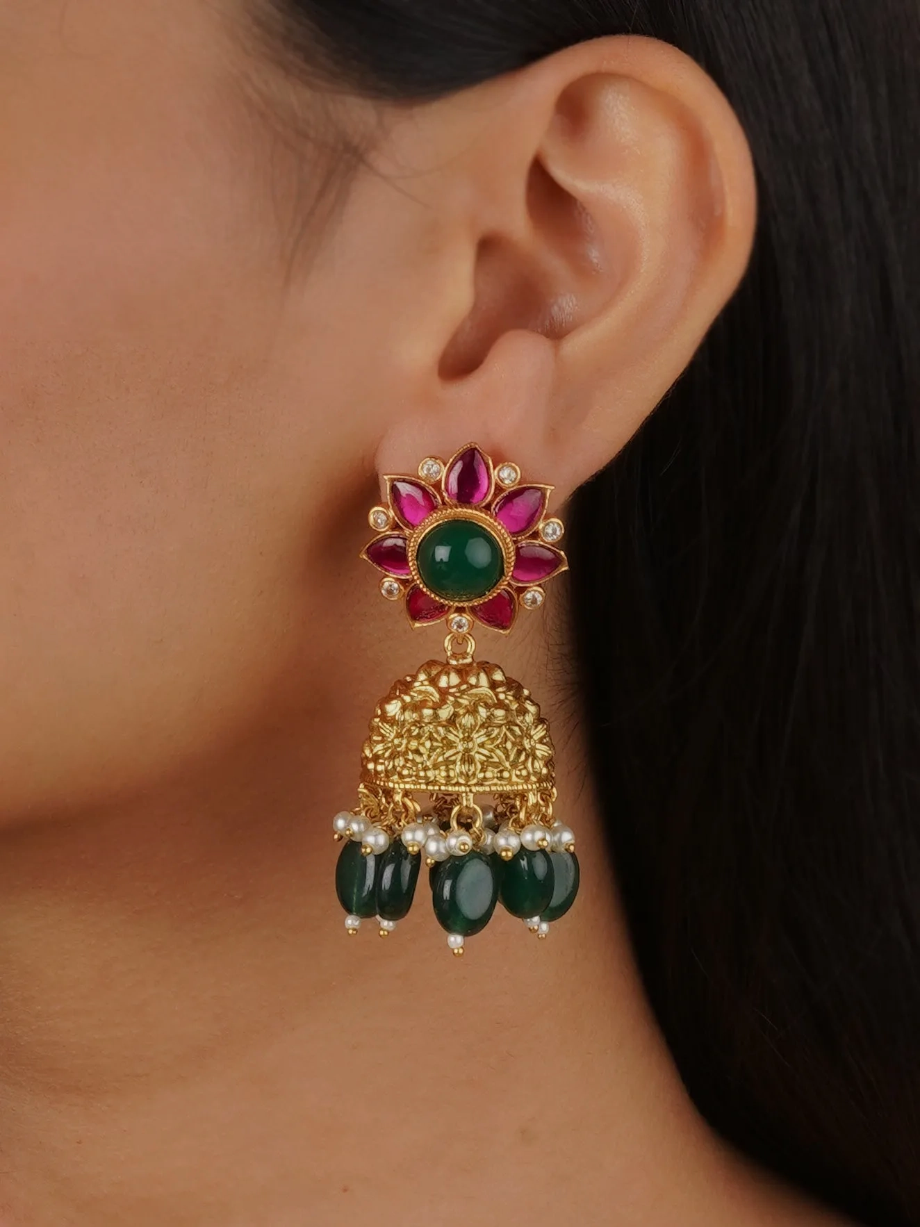 Multicolor Gold Plated Temple Earrings - TMPEAR81M