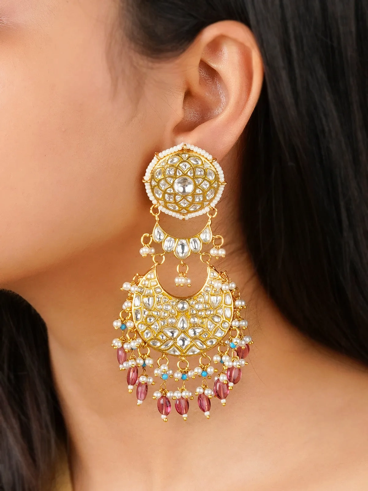 Multicolor Gold Plated Thappa Jadau Kundan Earrings - TJ-E90A