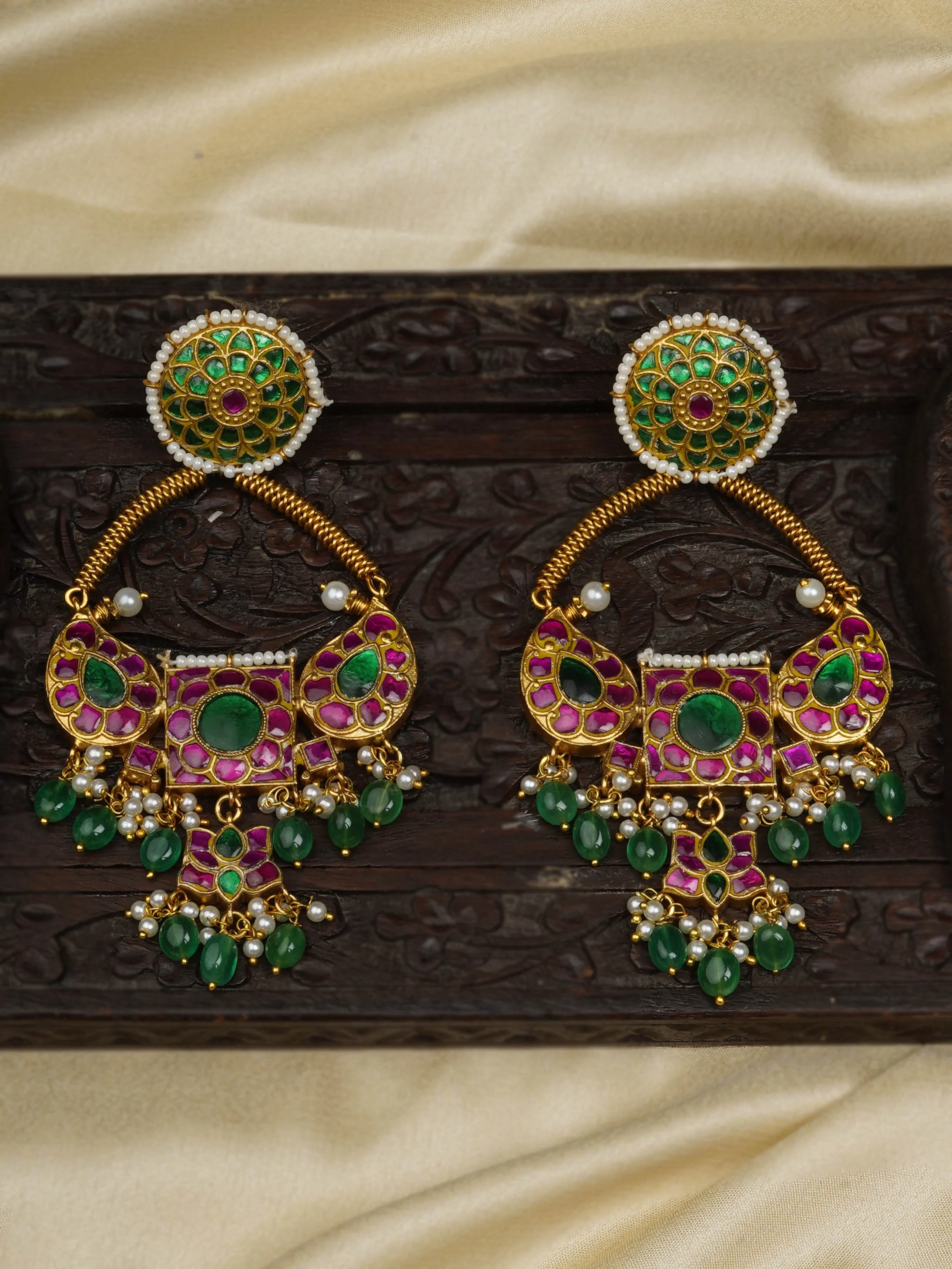 Multicolor Gold Plated Thappa Jadau Kundan Earrings - TJ-E94M
