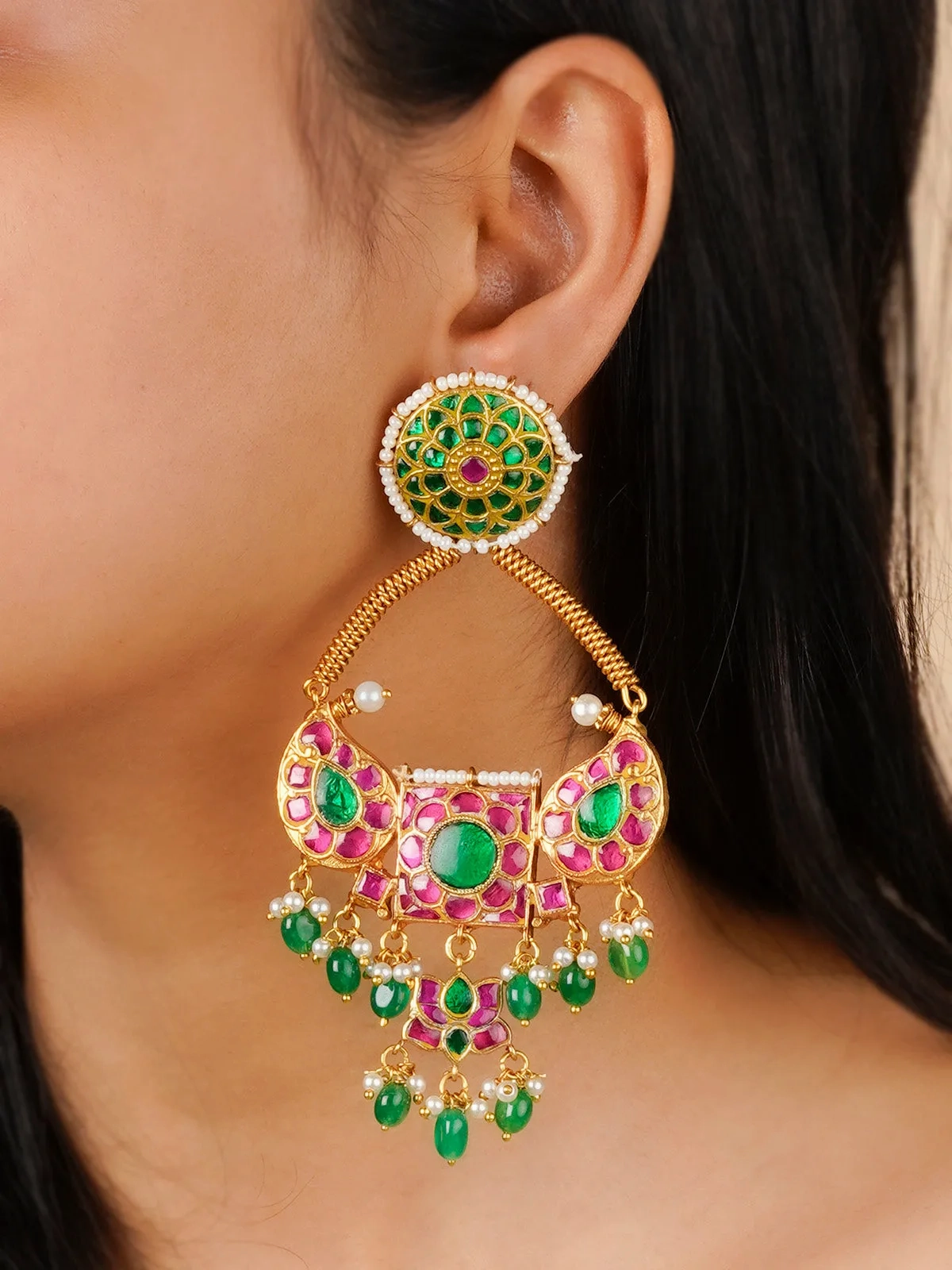 Multicolor Gold Plated Thappa Jadau Kundan Earrings - TJ-E94M
