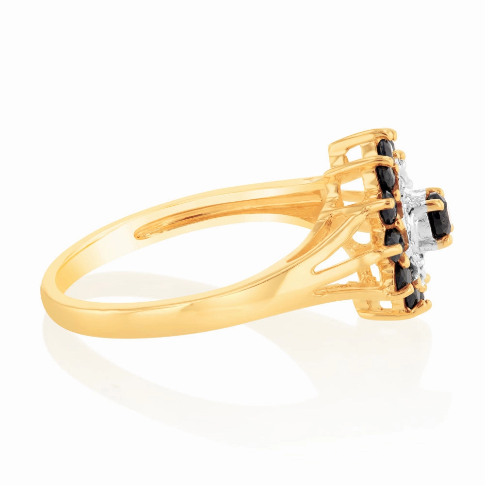 Natural Dark Round Sapphire & Diamond Ring in 9ct Yellow Gold
