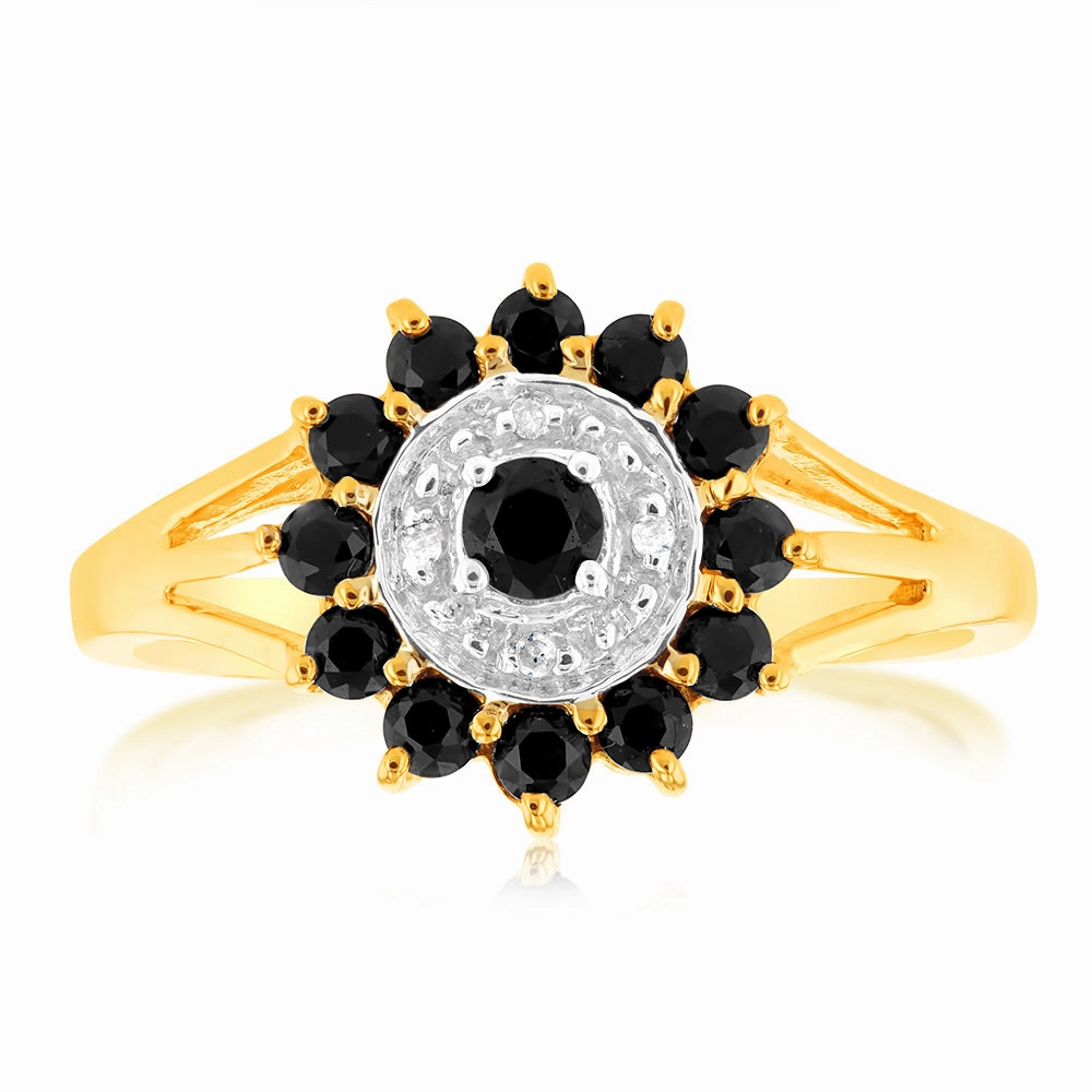 Natural Dark Round Sapphire & Diamond Ring in 9ct Yellow Gold