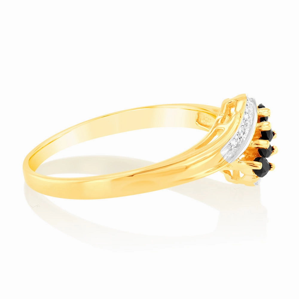 Natural Marquise Cut Dark Sapphire Diamond Ring in 9ct Yellow Gold