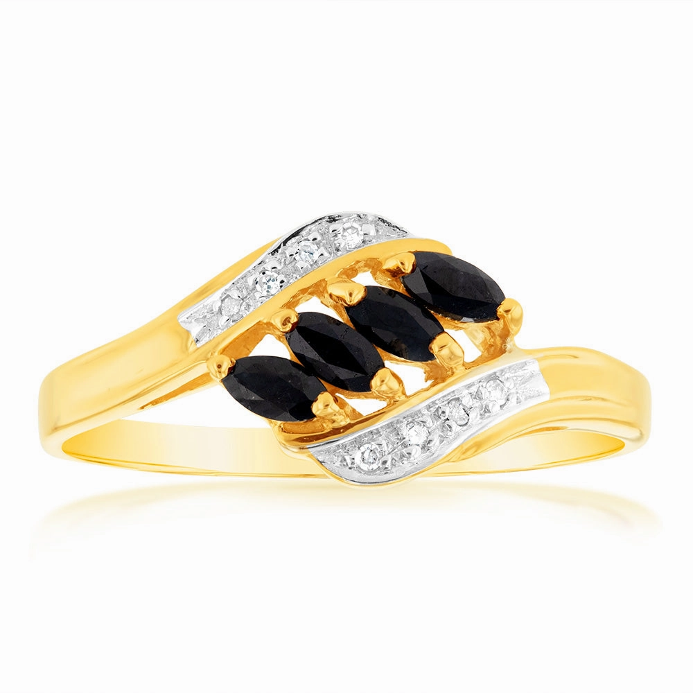 Natural Marquise Cut Dark Sapphire Diamond Ring in 9ct Yellow Gold