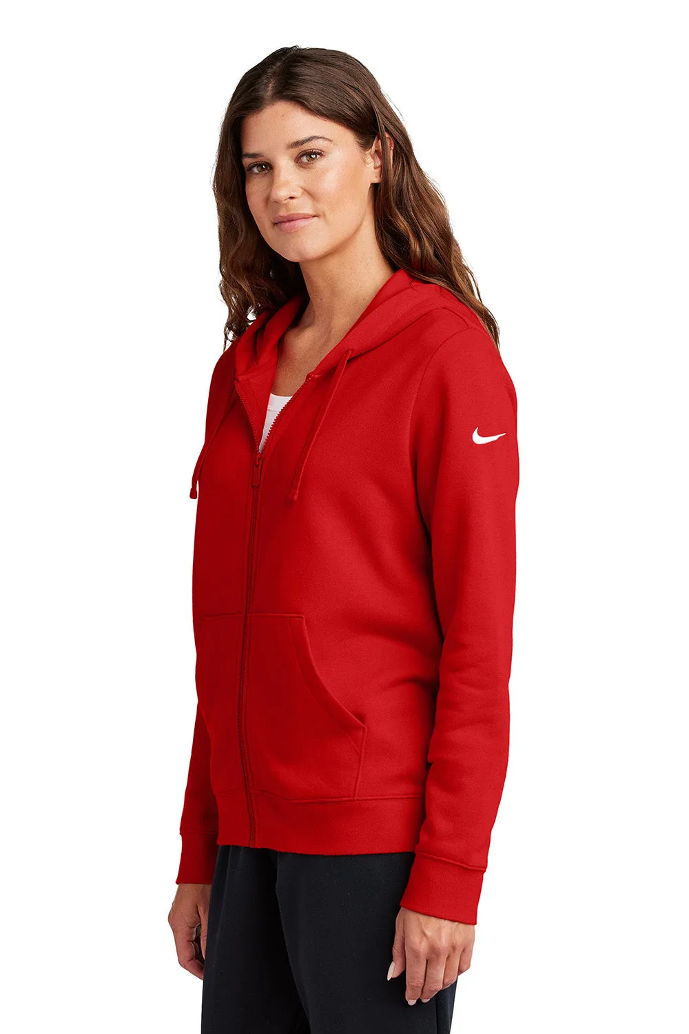 Nike Womens Club Fleece Full Zip Hooded Sweatshirt Hoodie w/ Pockets - University Red