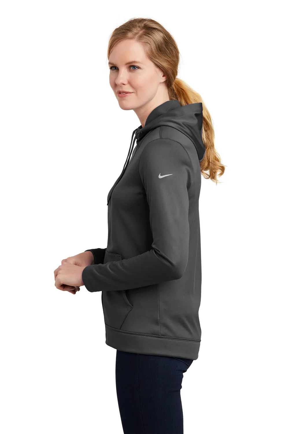 Nike Womens Therma-Fit Moisture Wicking Fleece Full Zip Hooded Sweatshirt Hoodie w/ Pockets - Anthracite Grey