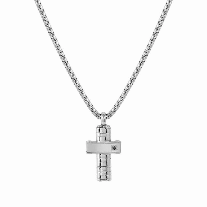 Nomination Strong Diamond Necklace, Black Diamond, Cross, Silver, Stainless Steel