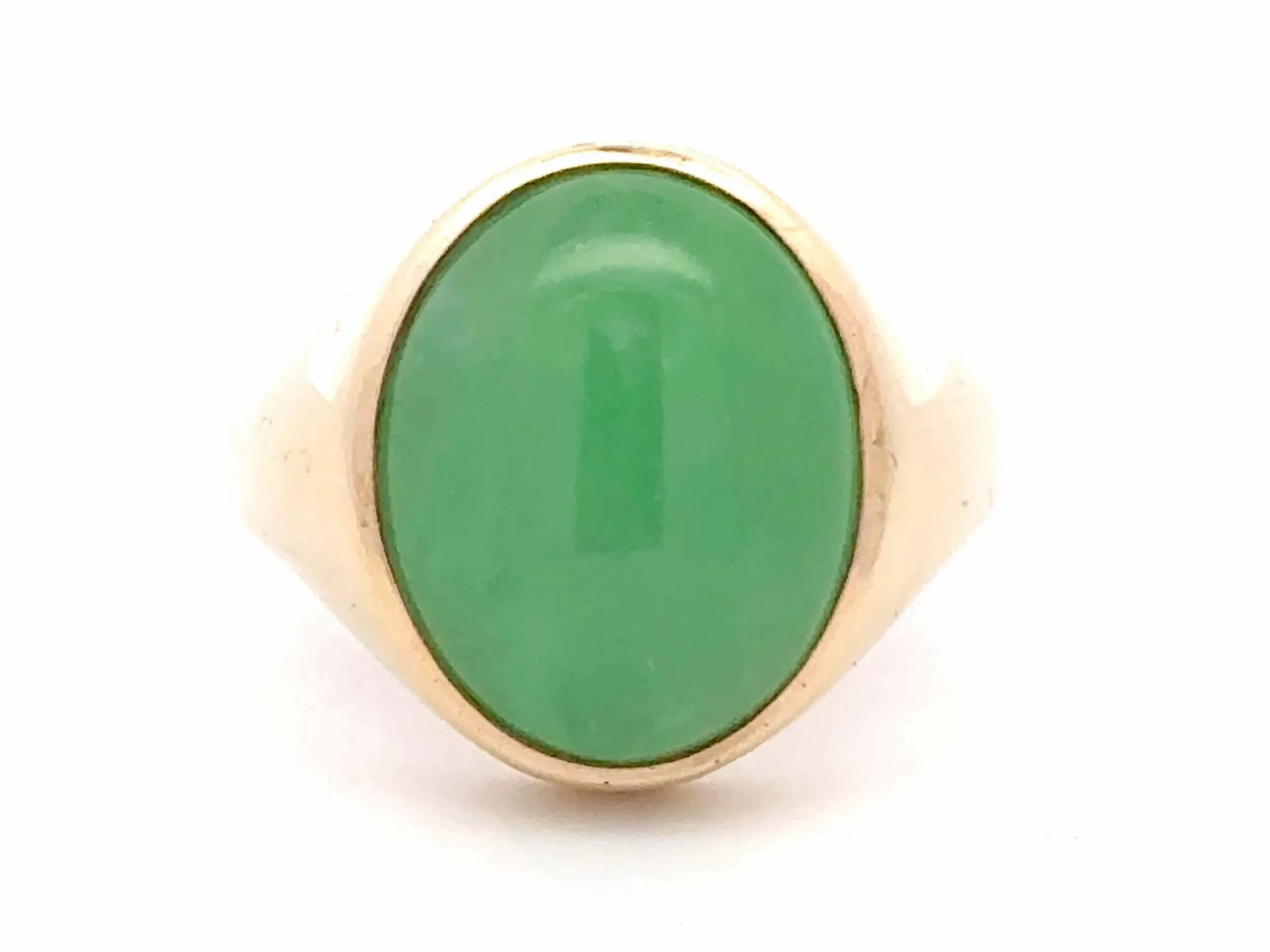 Oval Cabochon Mottled Green Jade Ring 14K Yellow Gold
