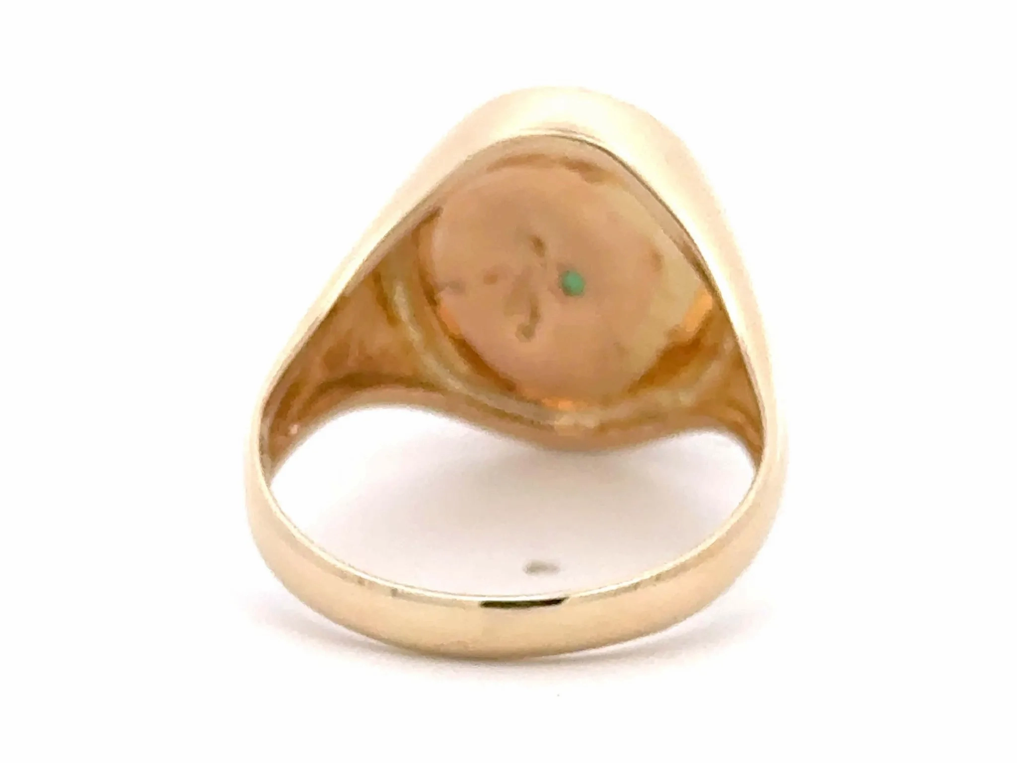Oval Cabochon Mottled Green Jade Ring 14K Yellow Gold