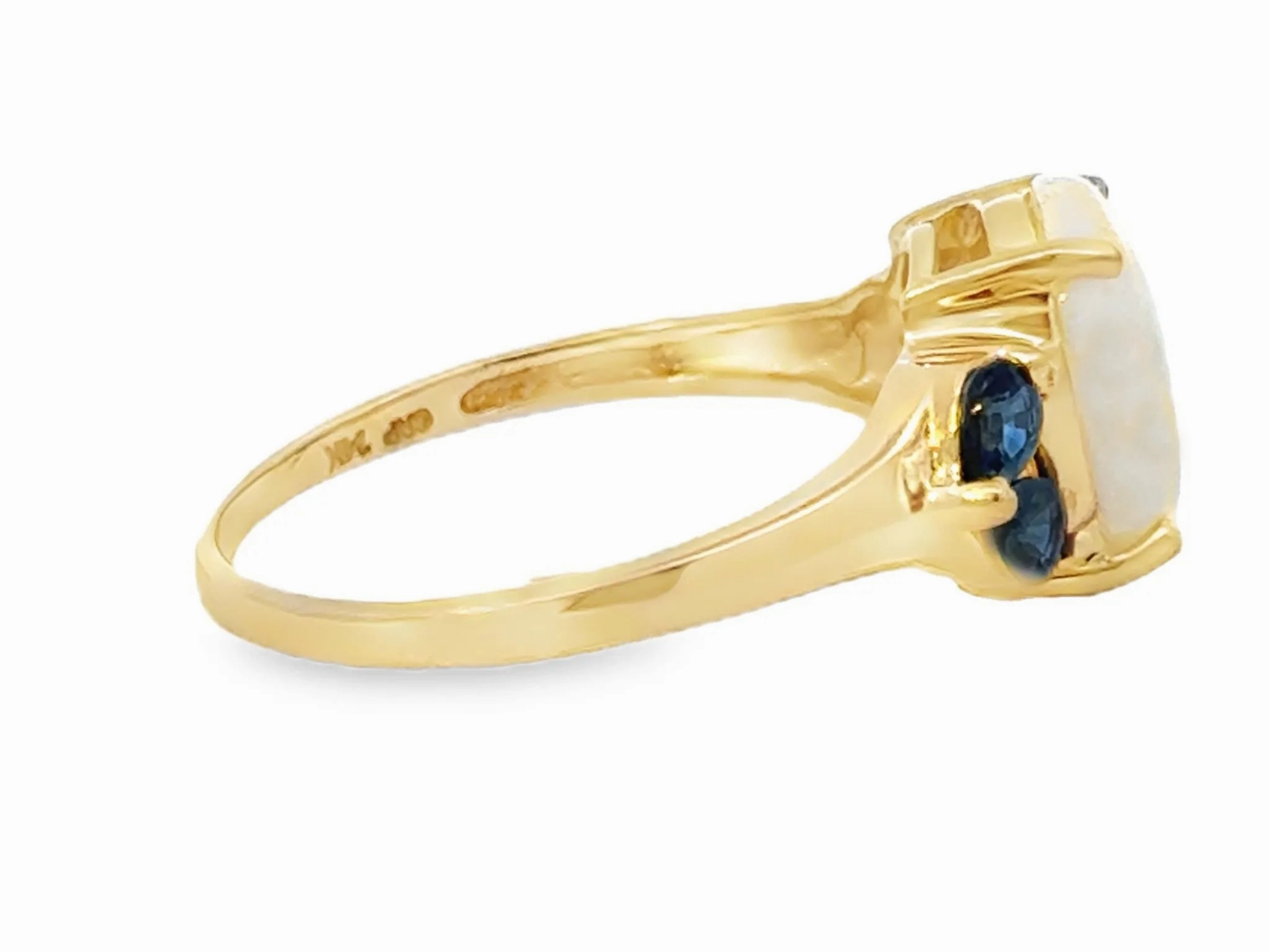Oval Cabochon Opal and Pear Shaped Sapphires Ring 14k Yellow Gold