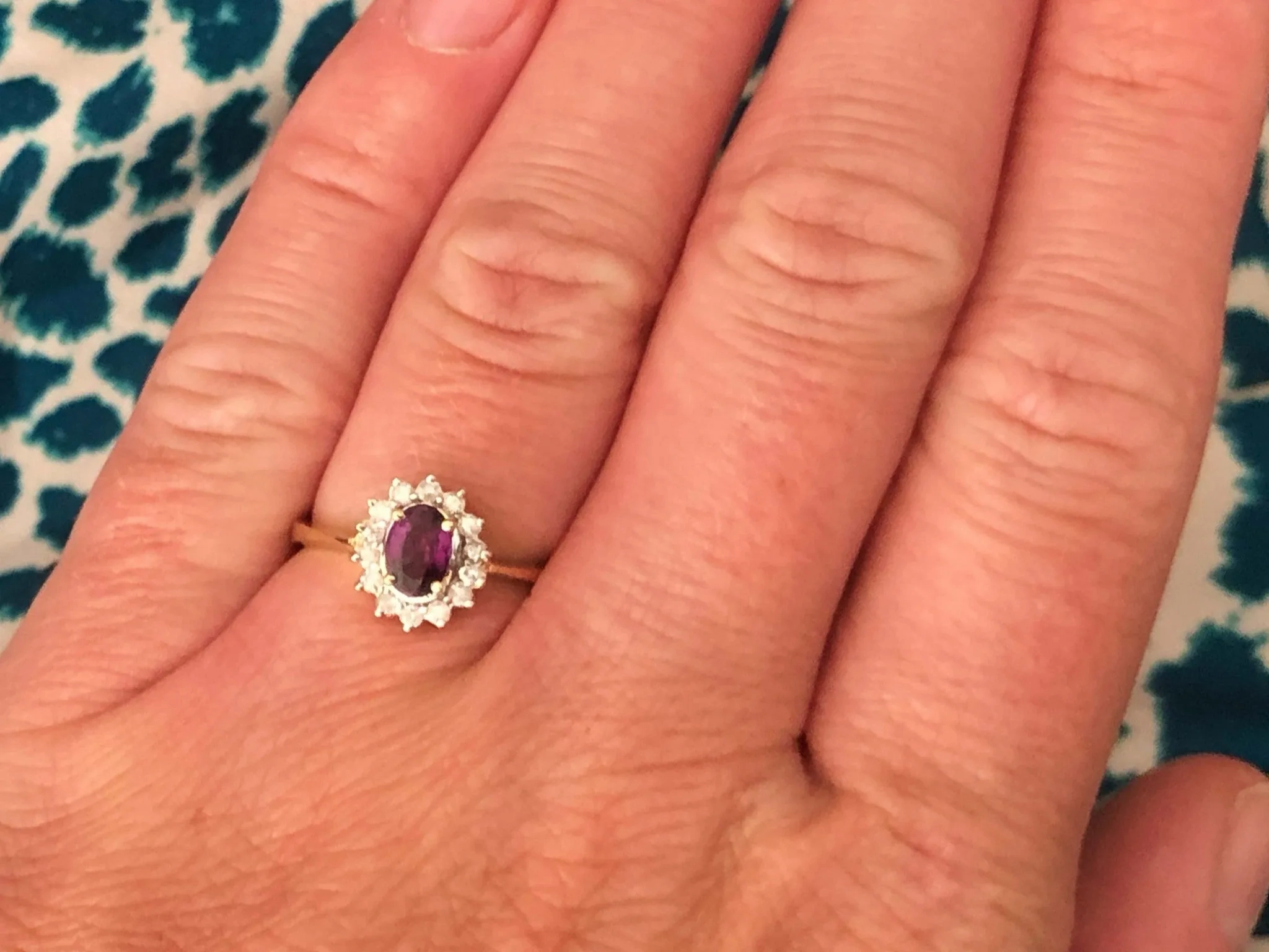 Oval Red Ruby and Diamond Halo Ring 14k Yellow Gold