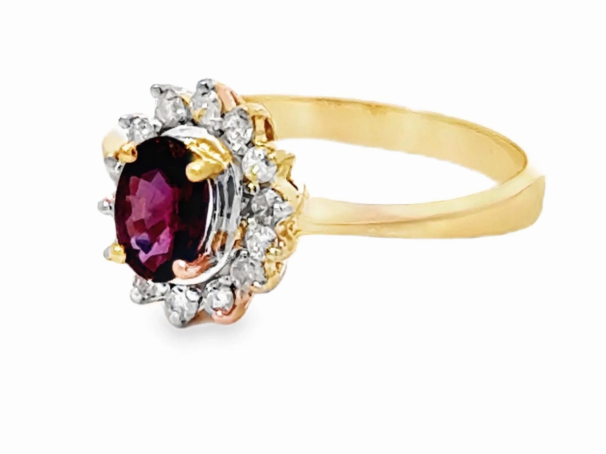 Oval Red Ruby and Diamond Halo Ring 14k Yellow Gold