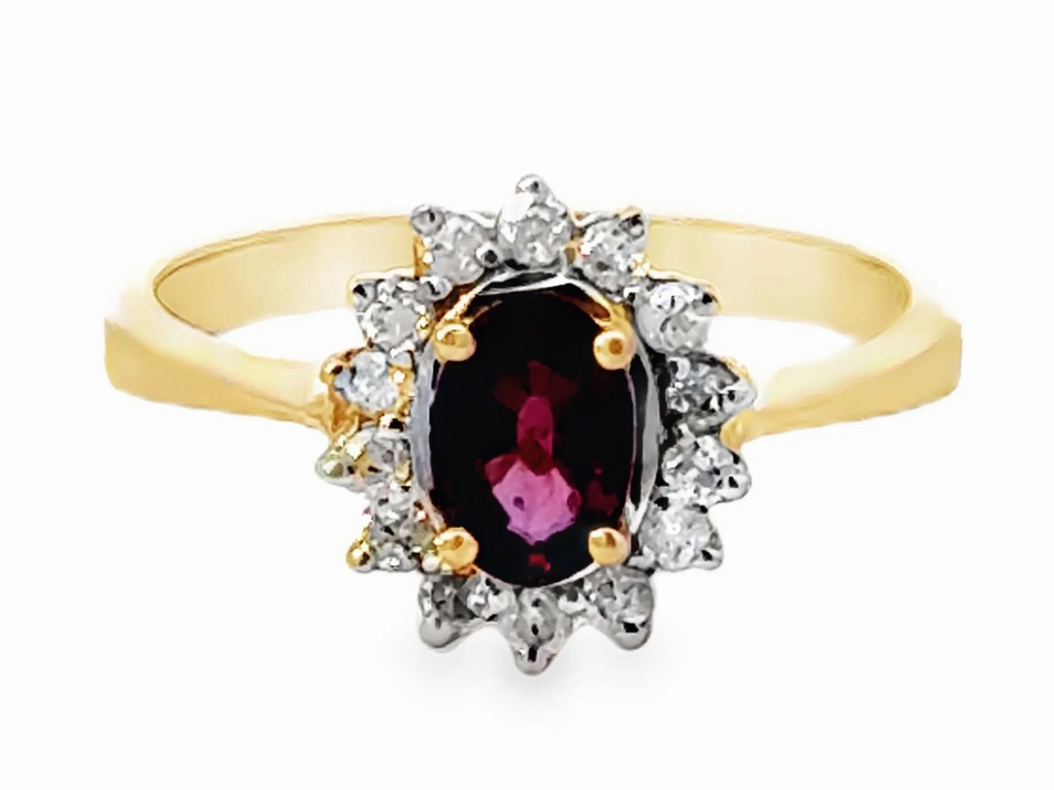 Oval Red Ruby and Diamond Halo Ring 14k Yellow Gold