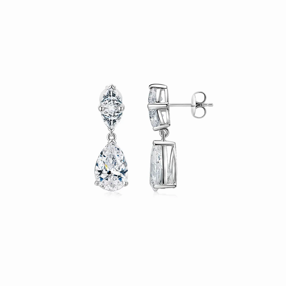 Pear and Cushion Trilliant drop earrings with 7.68 carats* of diamond simulants in 10 carat white gold