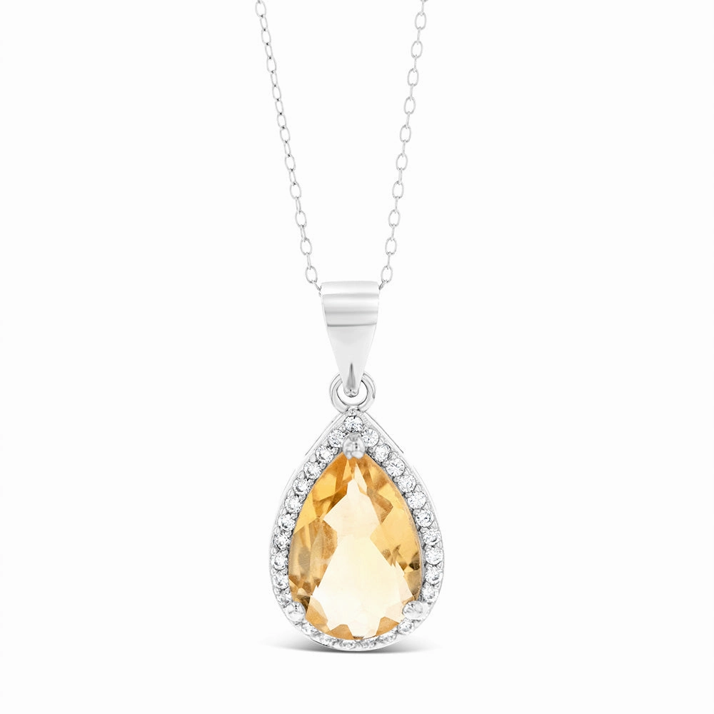 Pear Citrine And Zirconia Pendanton Chain in Sterling Silver