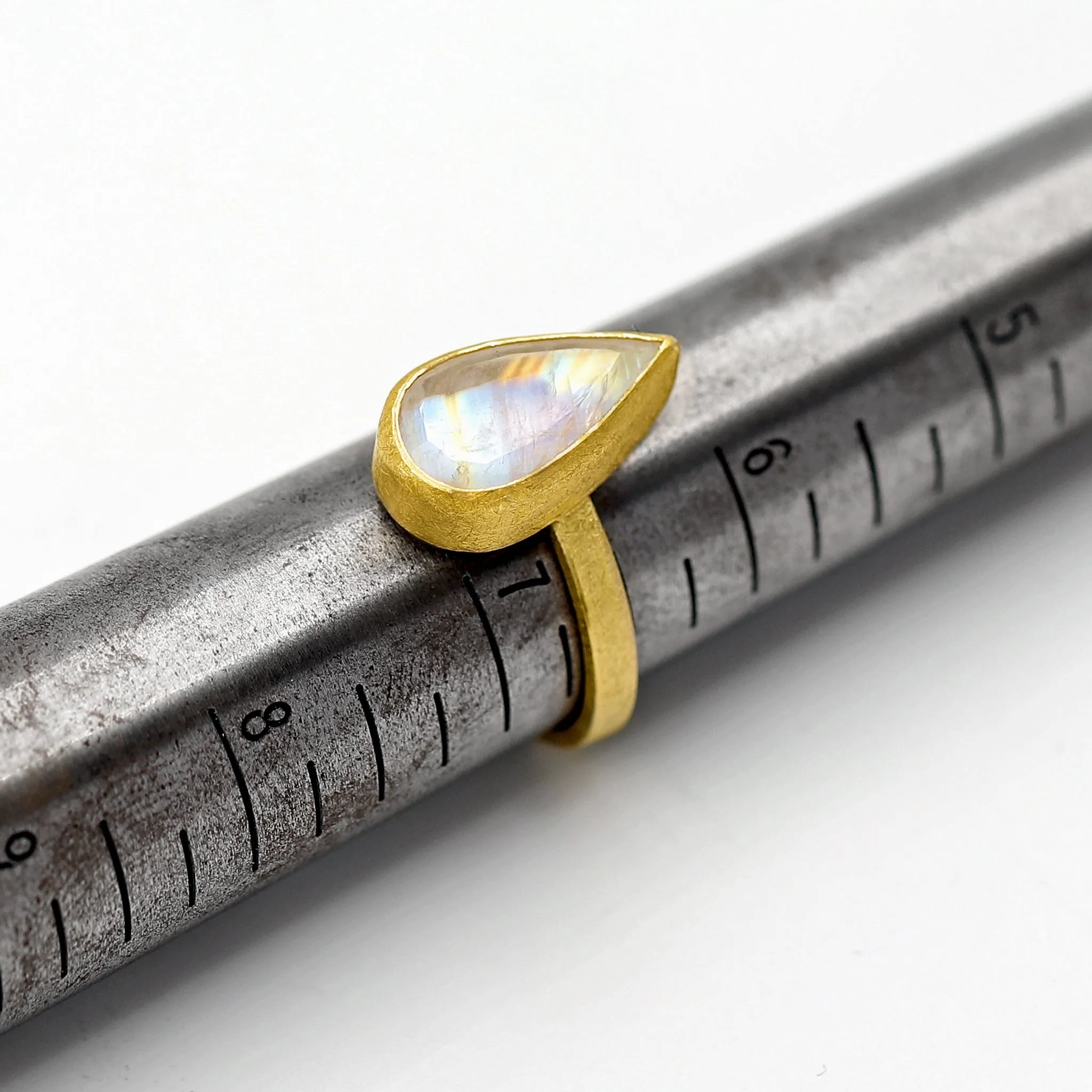 Petra Class Faceted Rainbow Moonstone Drop High Karat Yellow Gold Solitaire Ring