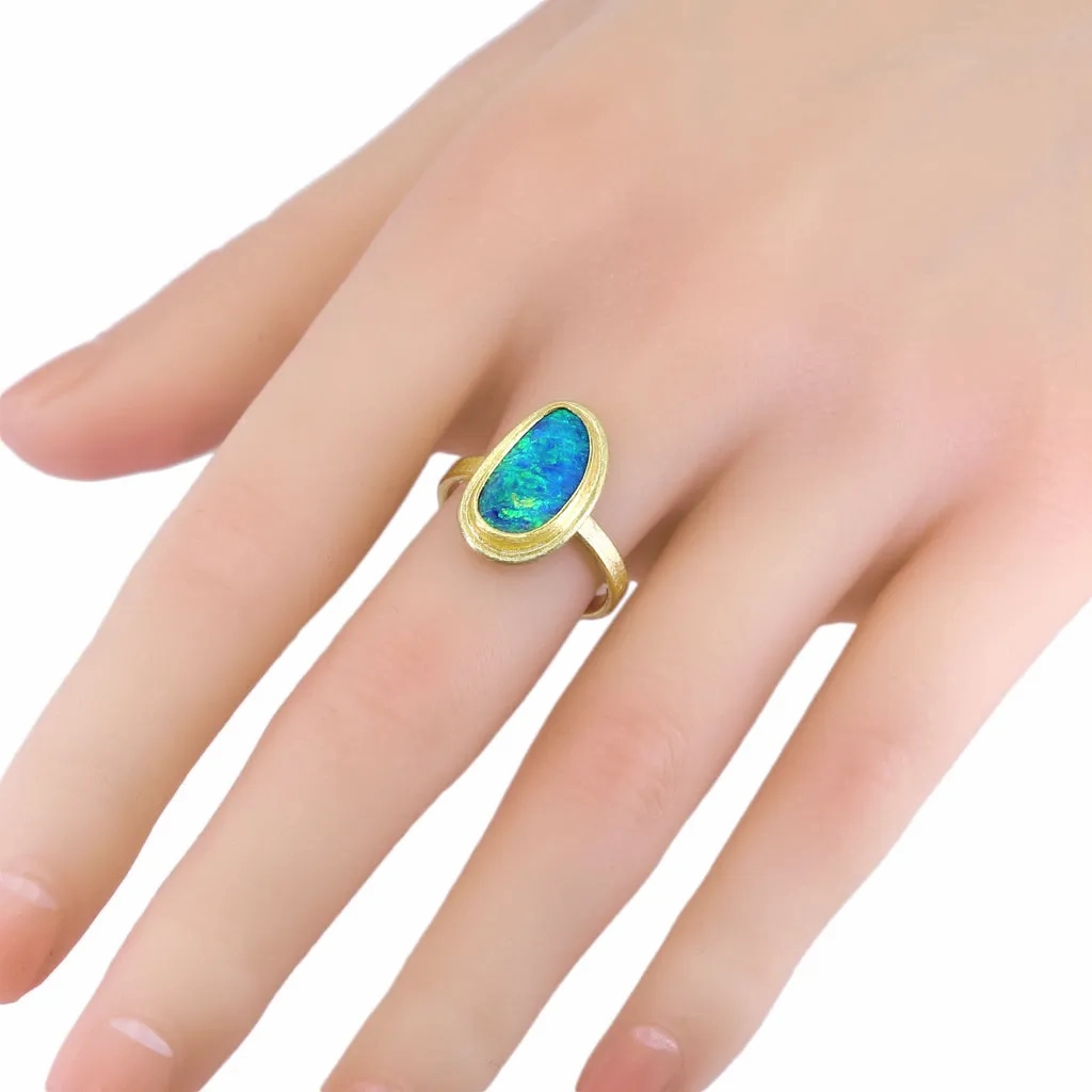 Petra Class Neon Green Orange Fire Blue Opal Doublet Framed 22k Gold Ring