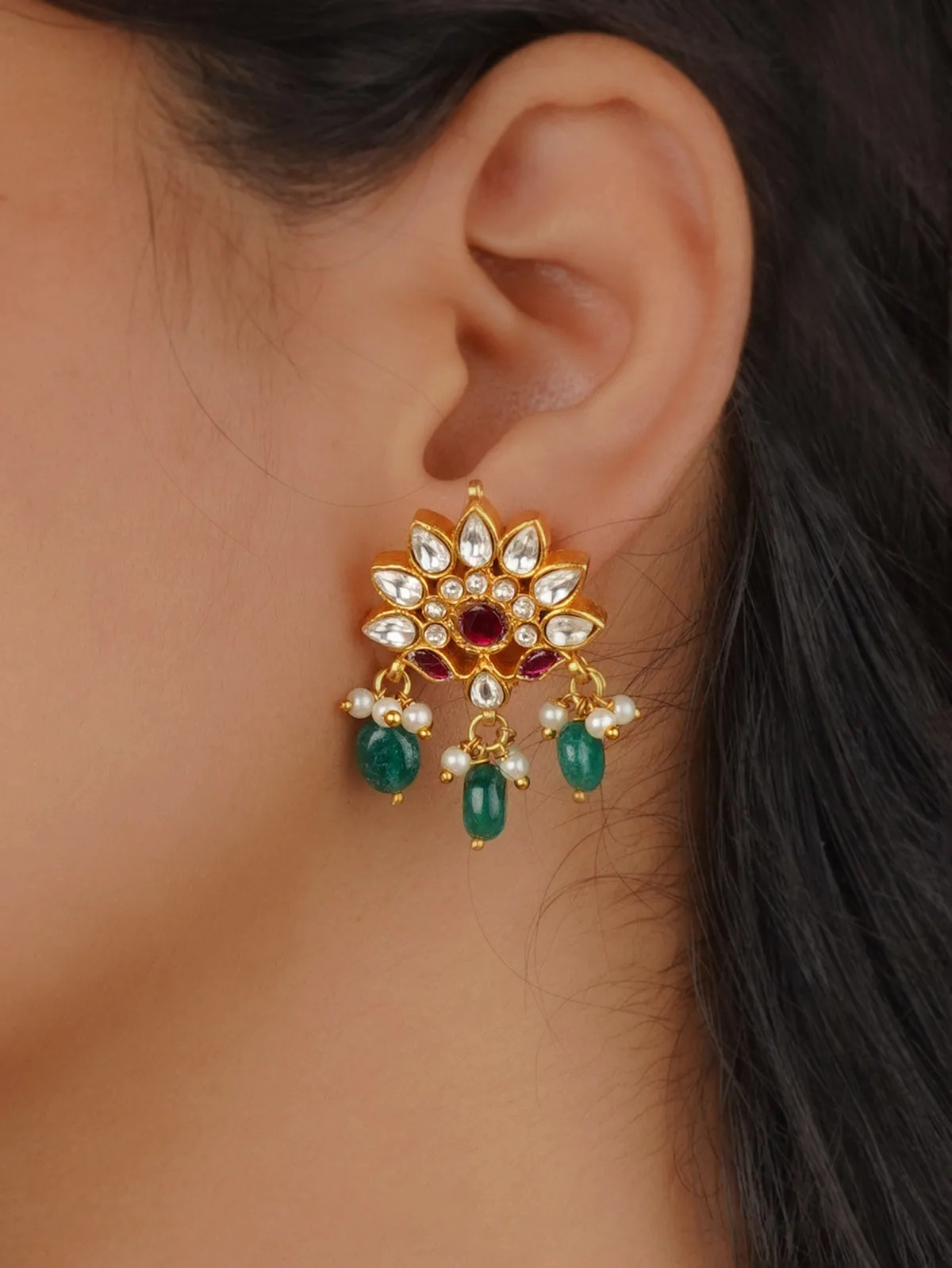 Pink Color Gold Plated Temple Earrings - TMPEAR95WP