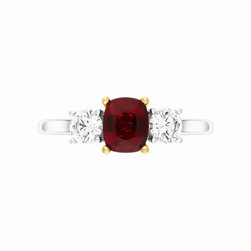 Platinum 1.06ct Ruby Diamond Cushion Cut Three Stone Ring