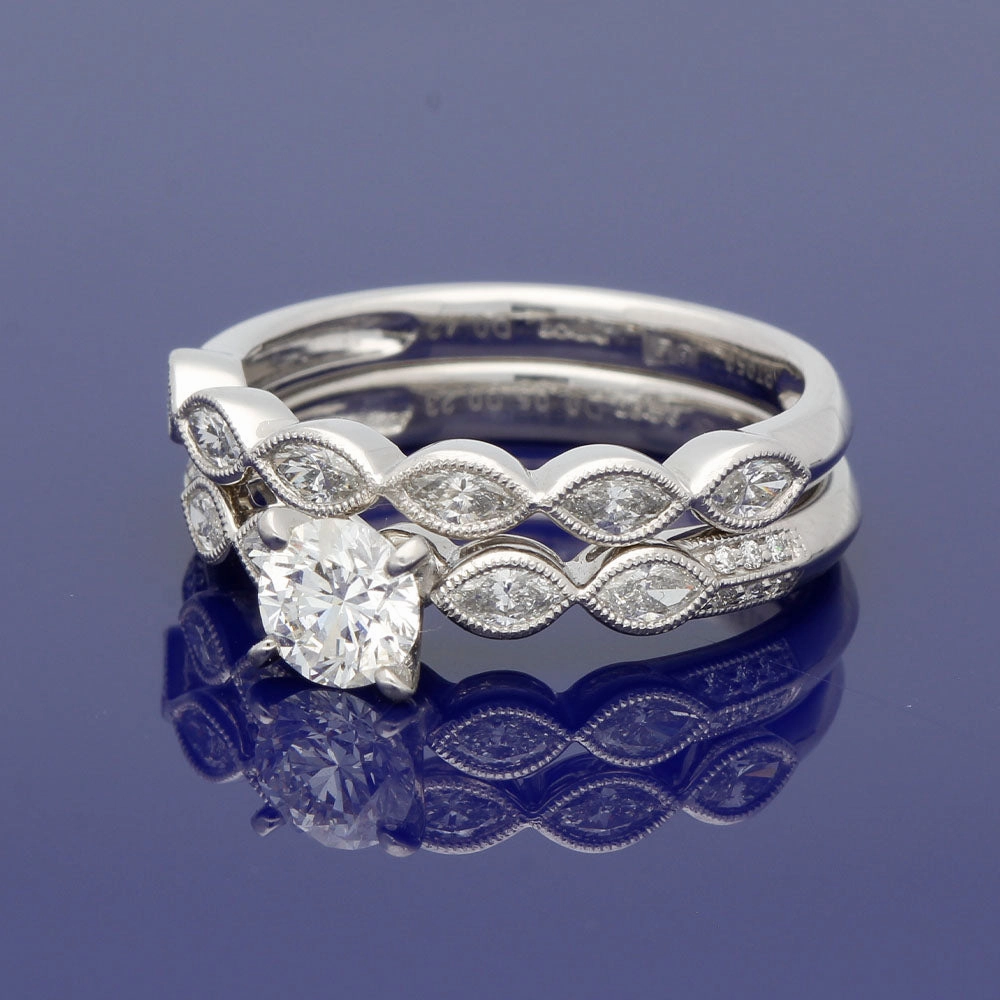 Platinum Bridal Set C Round and Marquise Diamond Engagement and Wedding Ring Set