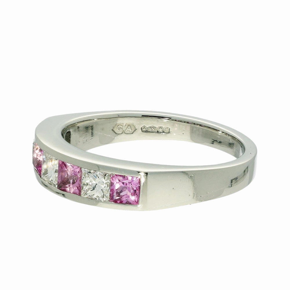 Platinum Princess Cut Pink Sapphire & Diamond Half Eternity Ring