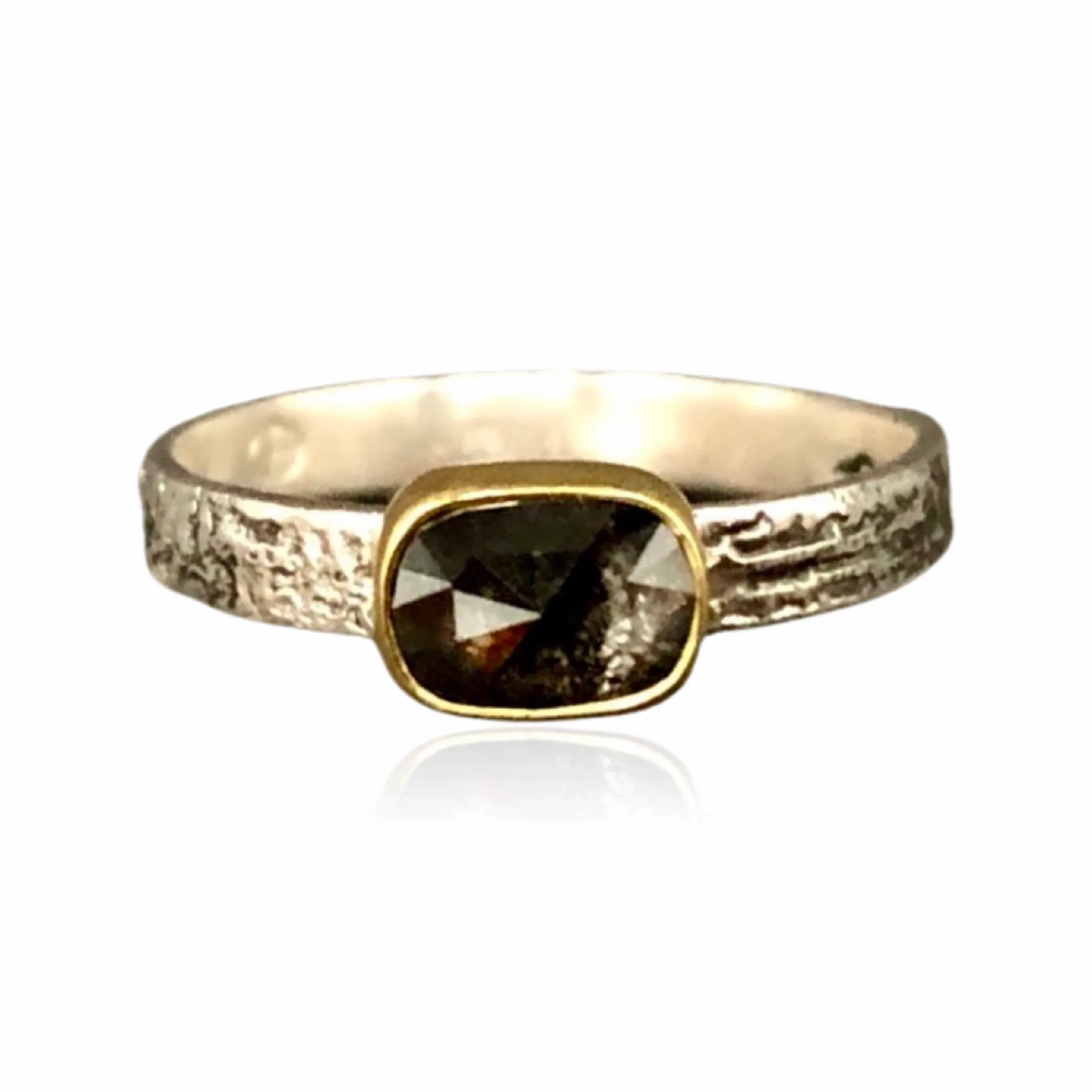 Rose Cut Salt and Pepper Cushion Diamond Ring