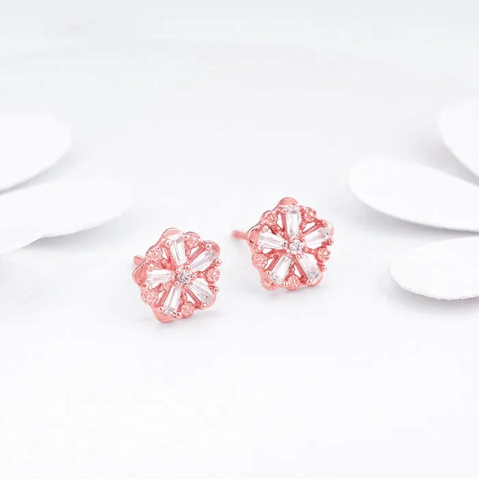 Rose Gold Baguette Flower Earrings