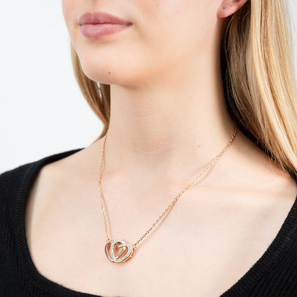 Rose Gold Plated Stainless Steel Crystal Double Heart Pendant with 43cm   6.5cm Chain