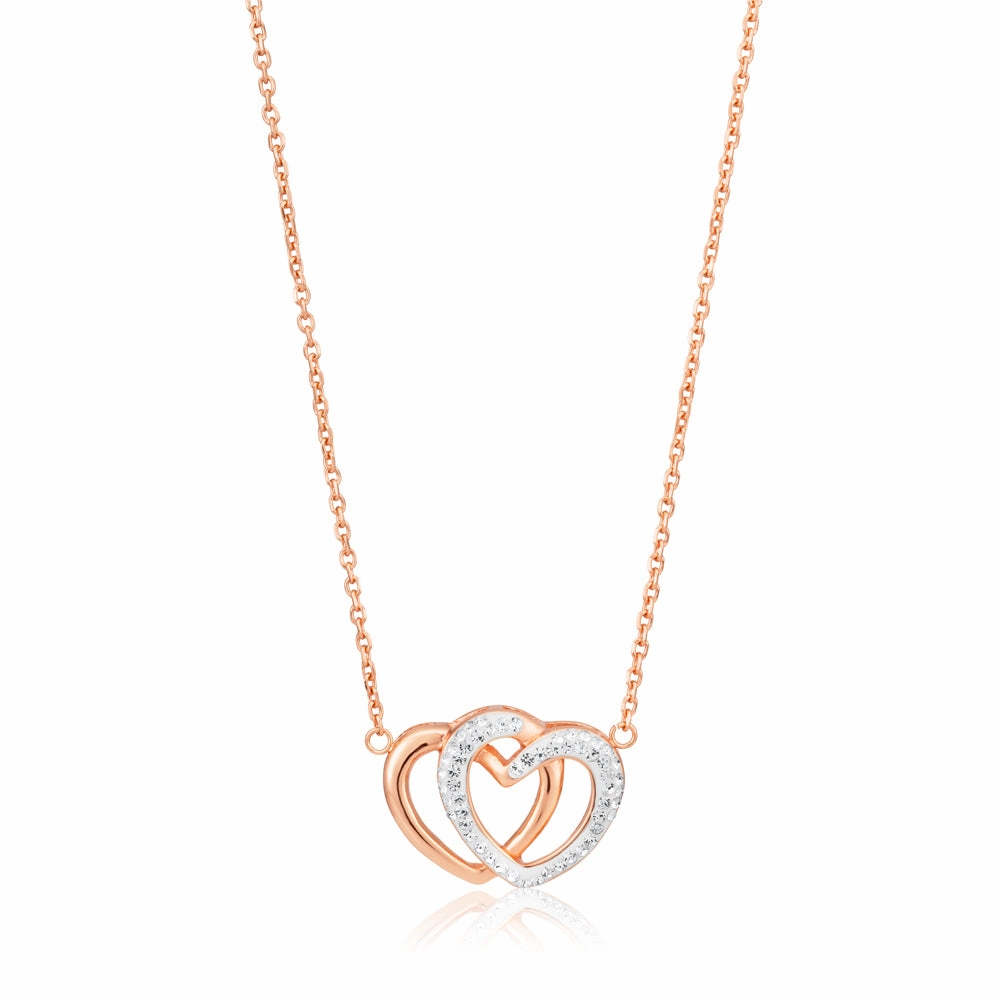 Rose Gold Plated Stainless Steel Crystal Double Heart Pendant with 43cm   6.5cm Chain