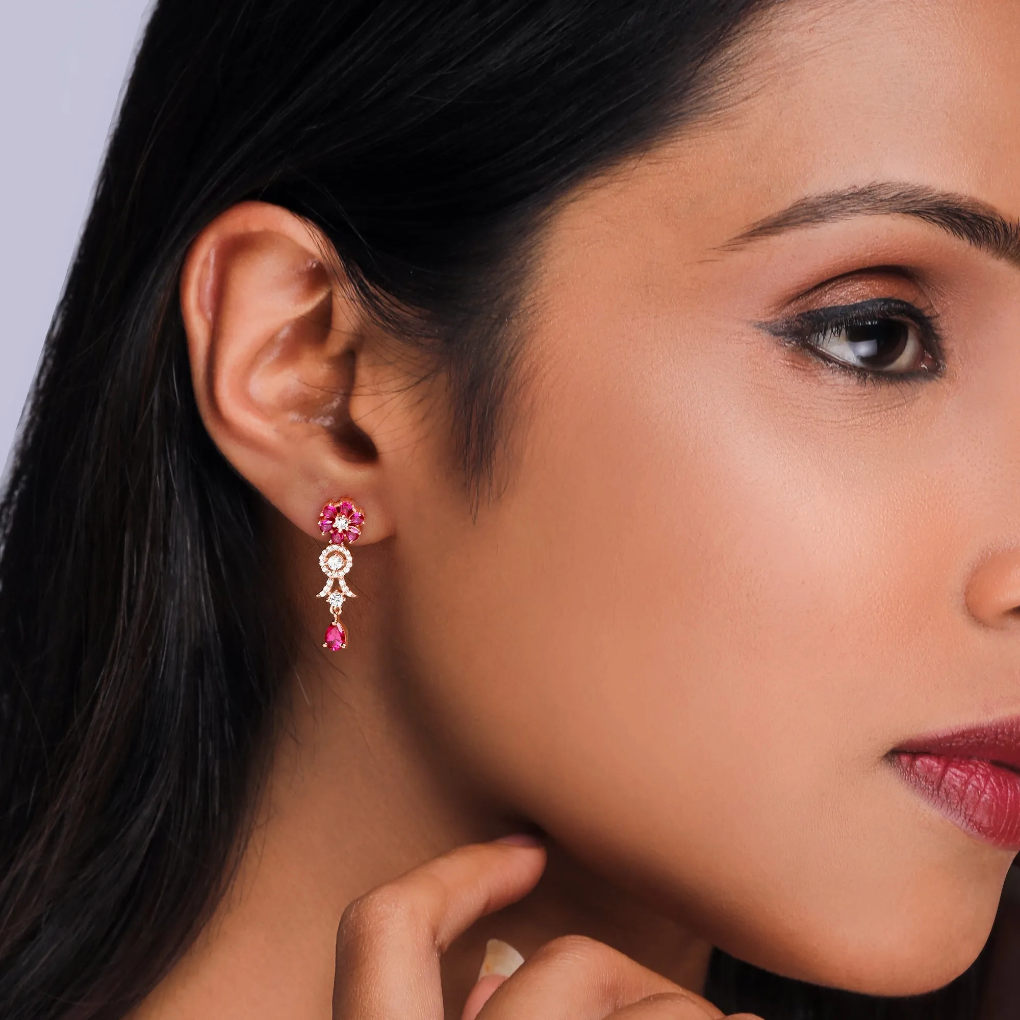 Rose Gold Zircon Pink Flower Drop Danglers