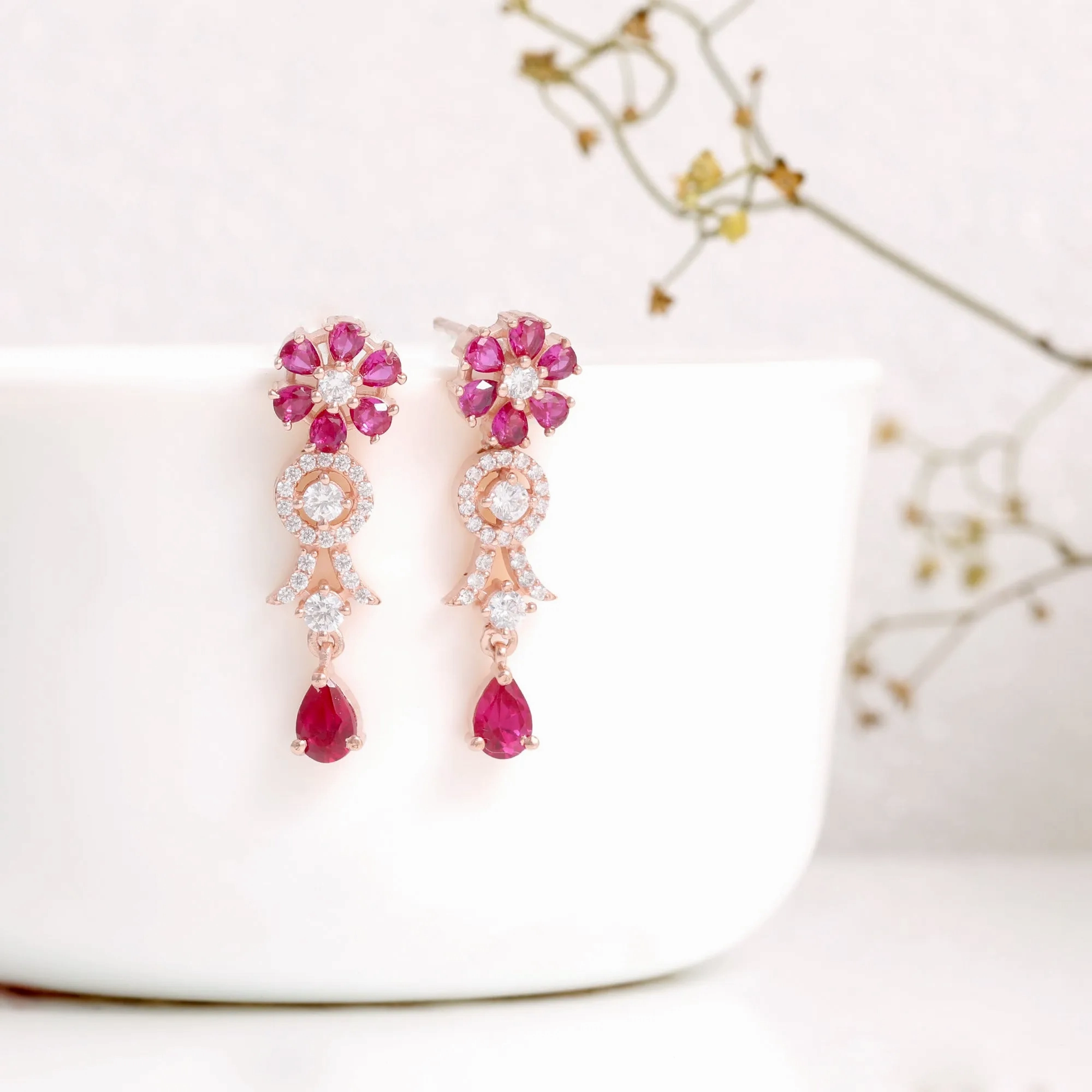 Rose Gold Zircon Pink Flower Drop Danglers