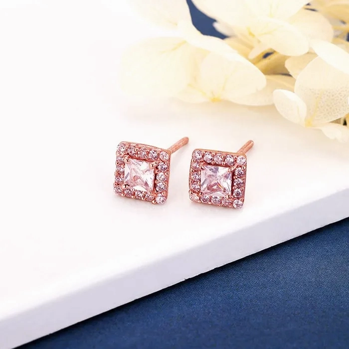 Rose Gold Zircon Square Halo Earrings