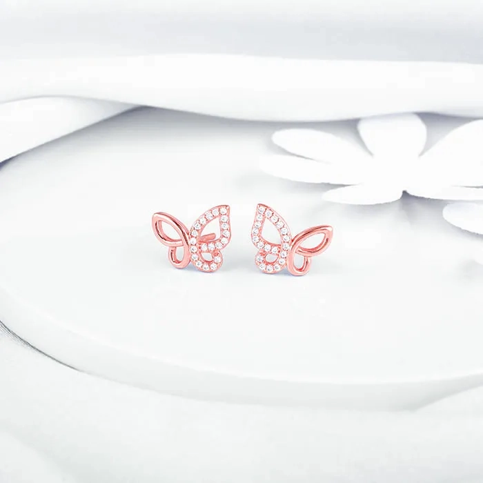 Rose Gold Zircon-Studded Butterfly Earrings