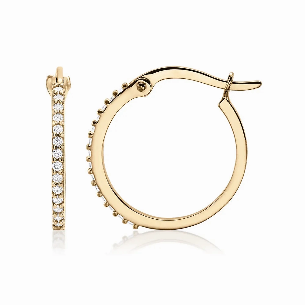 Round Brilliant hoop earrings with diamond simulants in 10 carat yellow gold