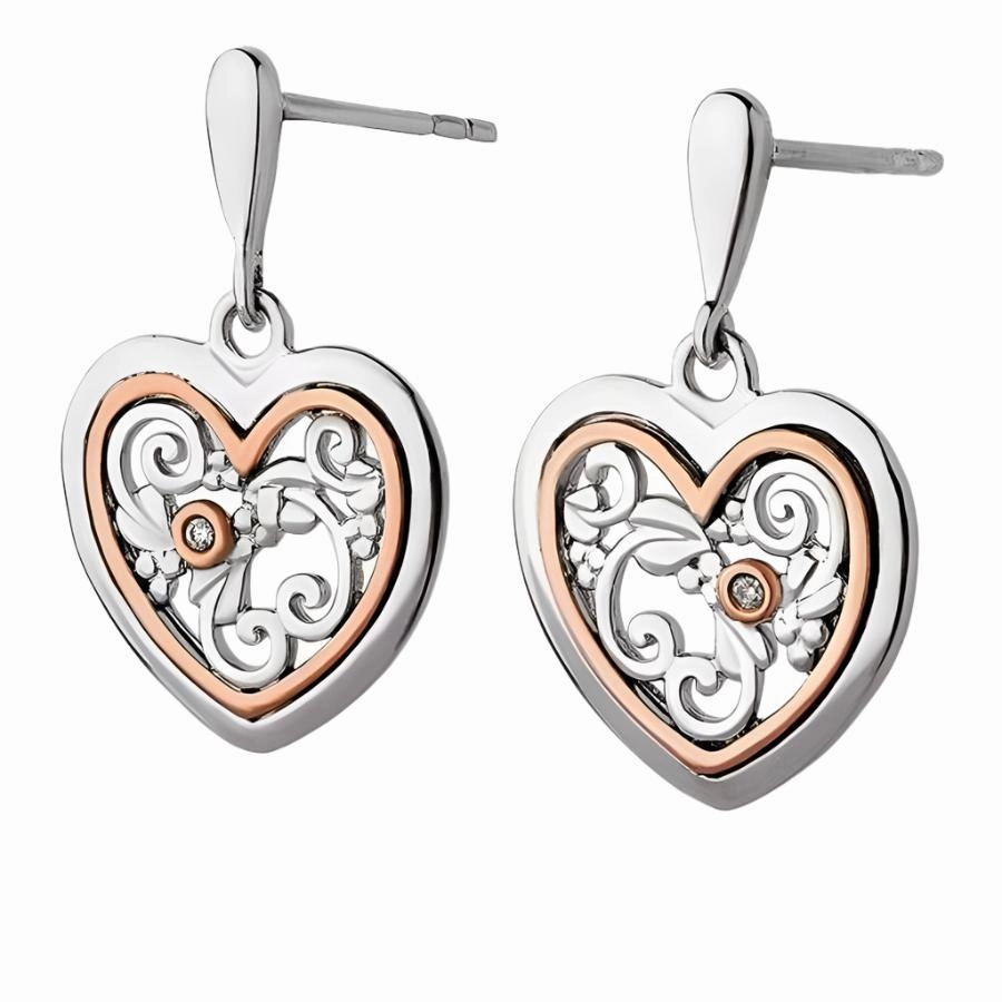 Silver & 9ct Rose Gold Tree of Life Single Diamond Drop Earrings