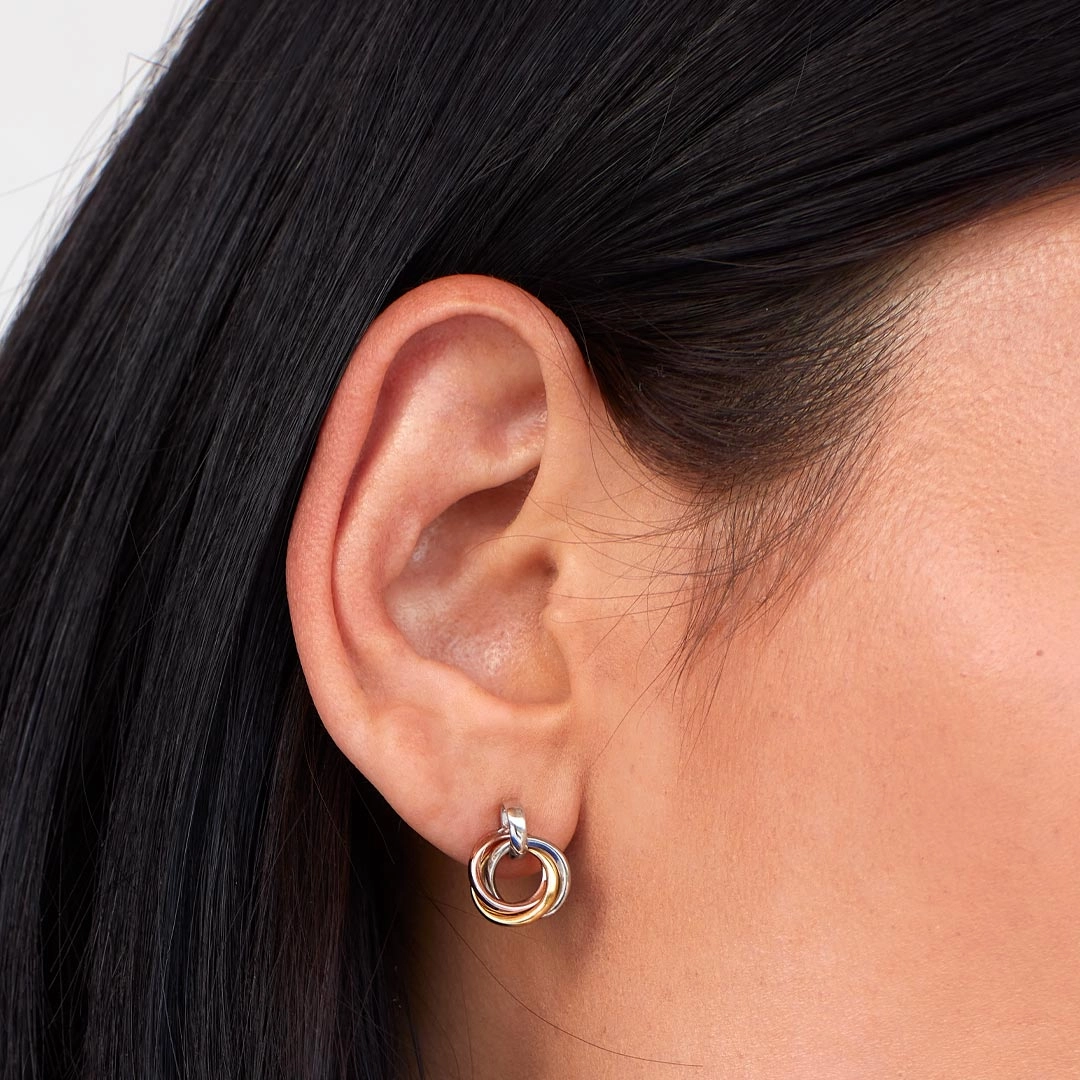 Silver & Yellow & Rose Gold Plated Bevel Trilogy Golds Link Stud Earrings