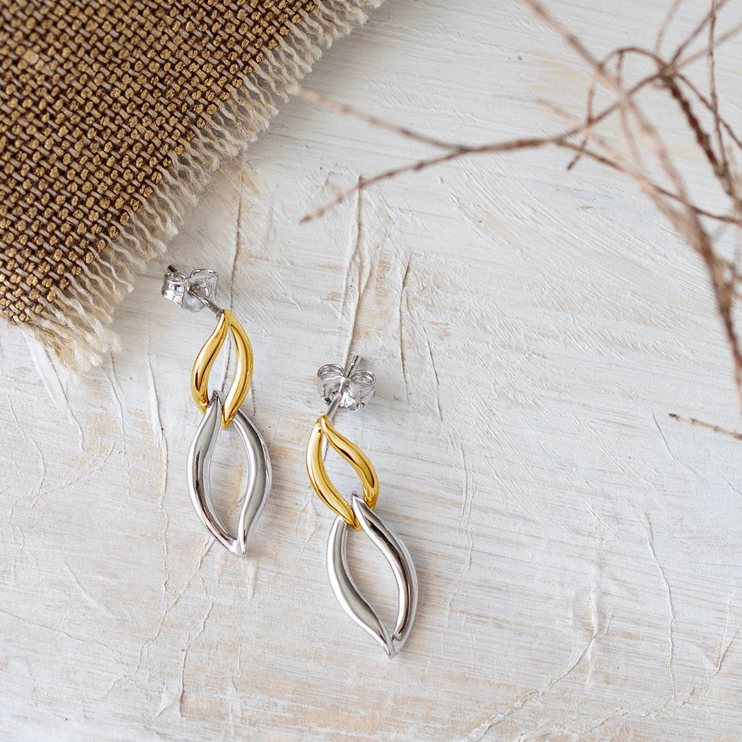 Silver & Yellow Gold Plated Entwine Twine Link Golden Drop Earrings
