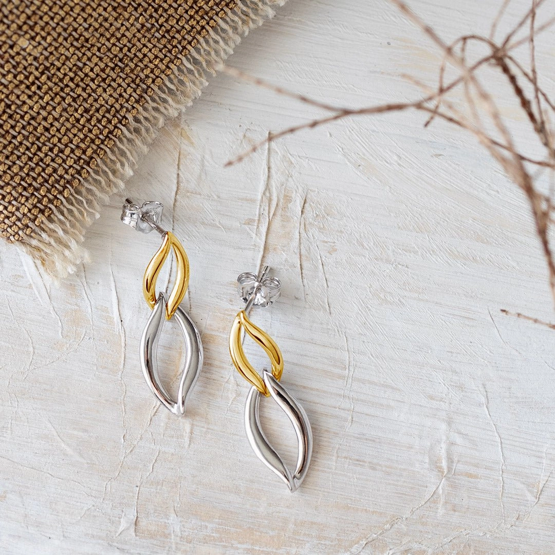 Silver & Yellow Gold Plated Entwine Twine Link Golden Drop Earrings