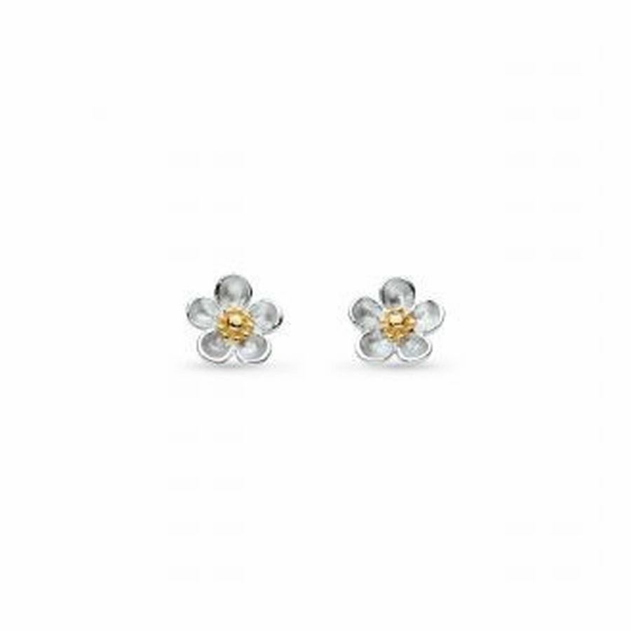 Silver and Yellow Gold Plated Blossom Wood Rose Stud Earrings