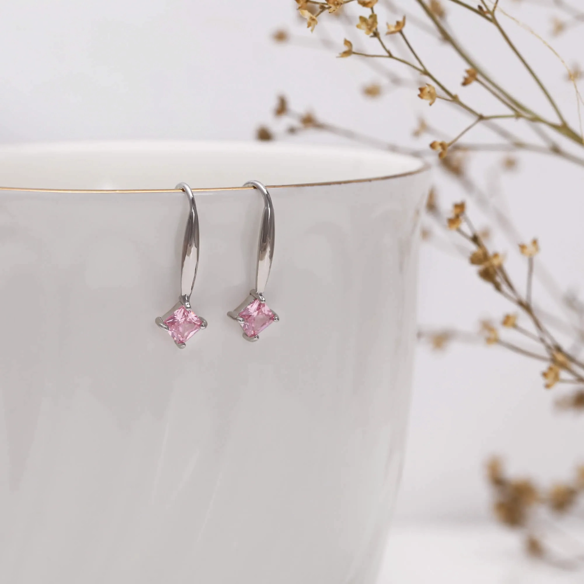Silver Baby Pink Square Earrings