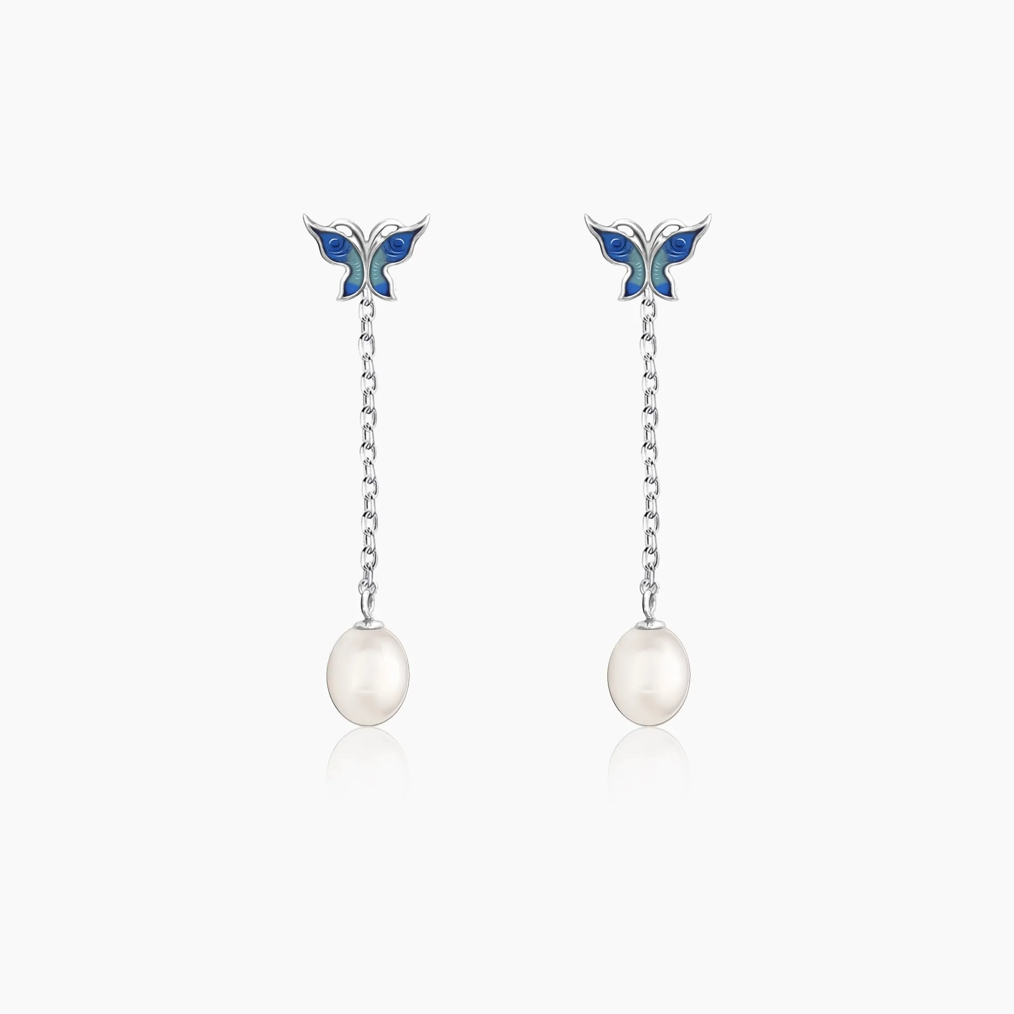 Silver Butterfly Pearl Dangle Earrings