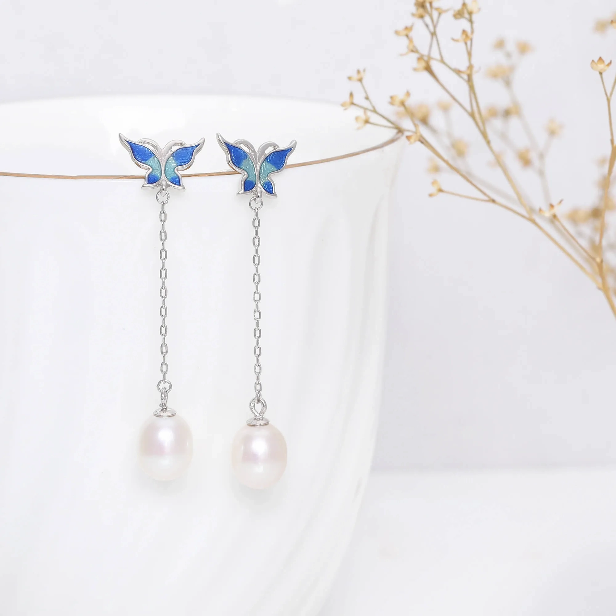 Silver Butterfly Pearl Dangle Earrings