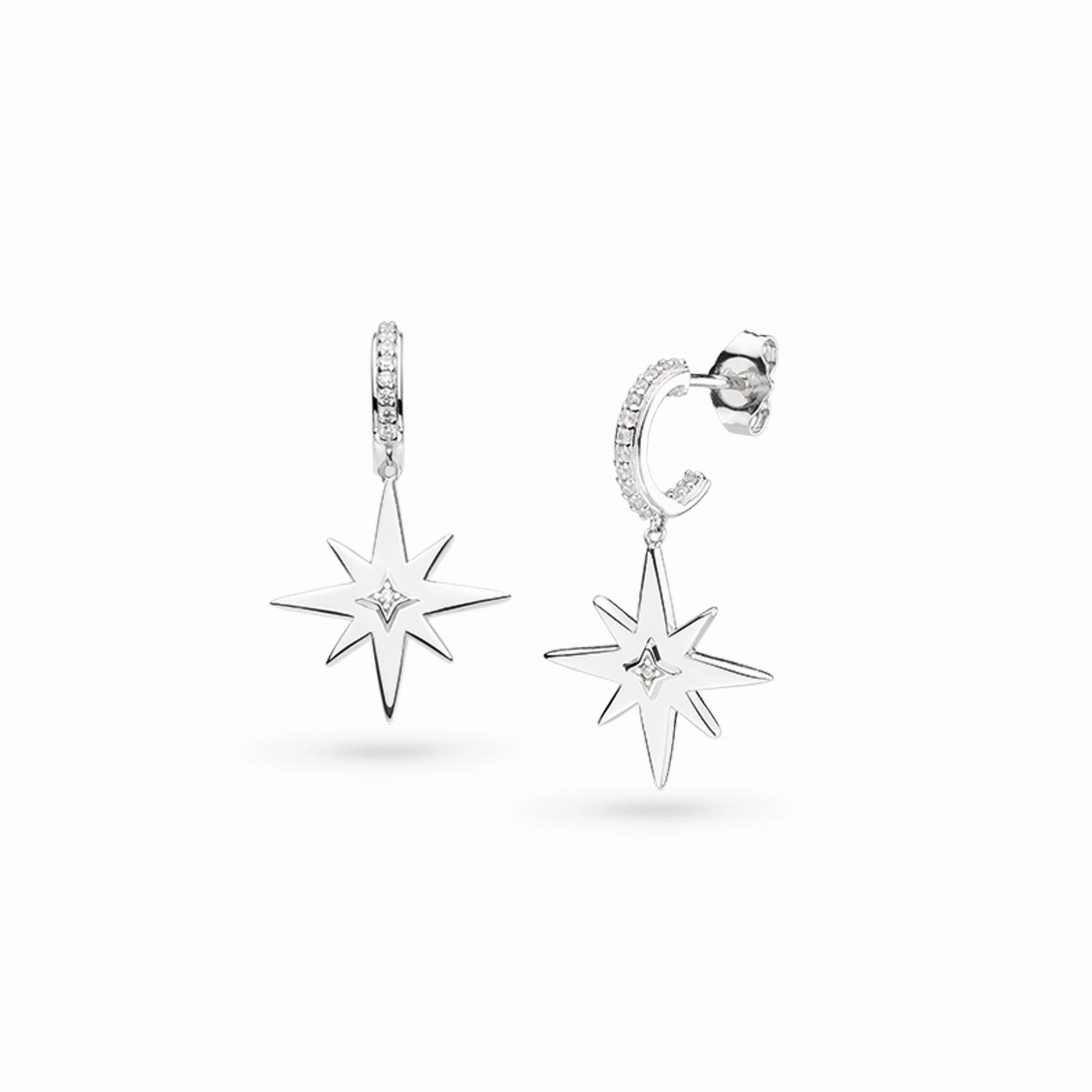 Silver Celeste North Star Pave Cubic Zirconia Set Hoop Drop Earrings