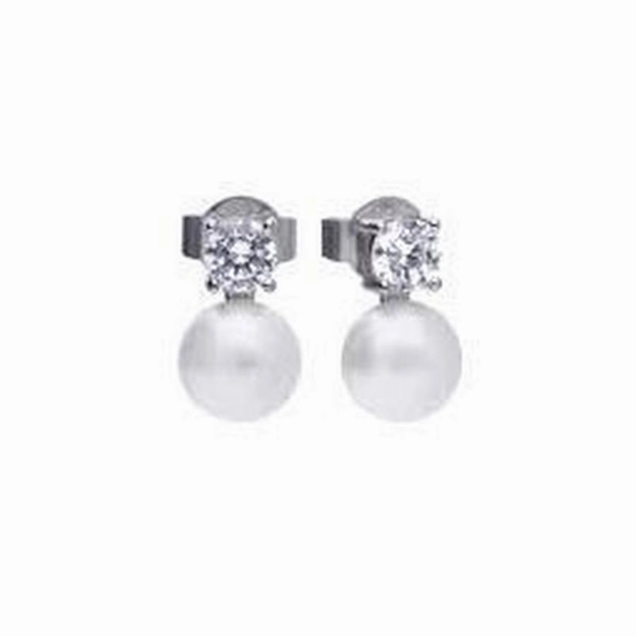 Silver CZ & Imitation Pearl Drop Earrings
