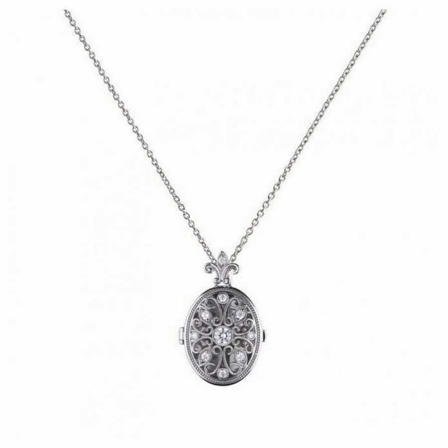 Silver CZ Filigree Locket & Chain
