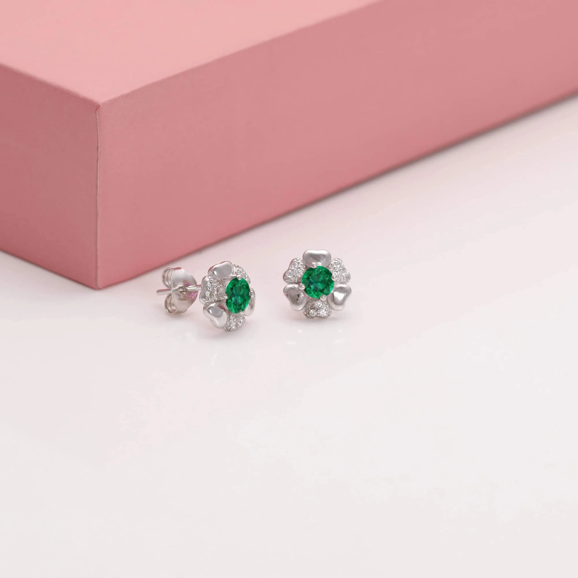 Silver Dark Green Flower Earrings