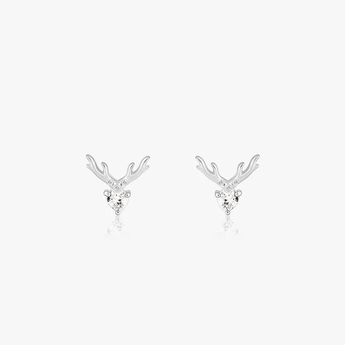 Silver Deer Heart Stud Earrings